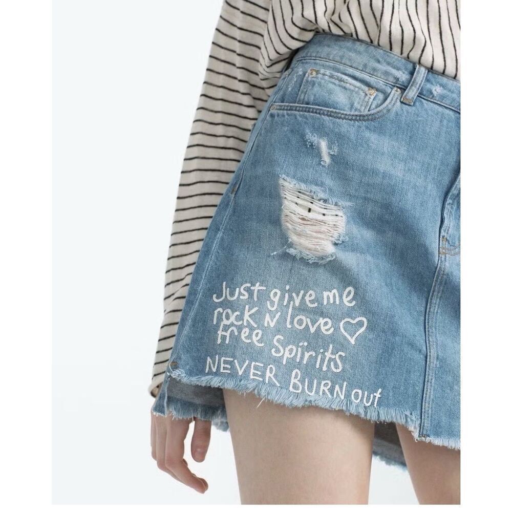 ZARA Denim Skirt Distressed Asymmetrical Raw Hem Mini Skirt M